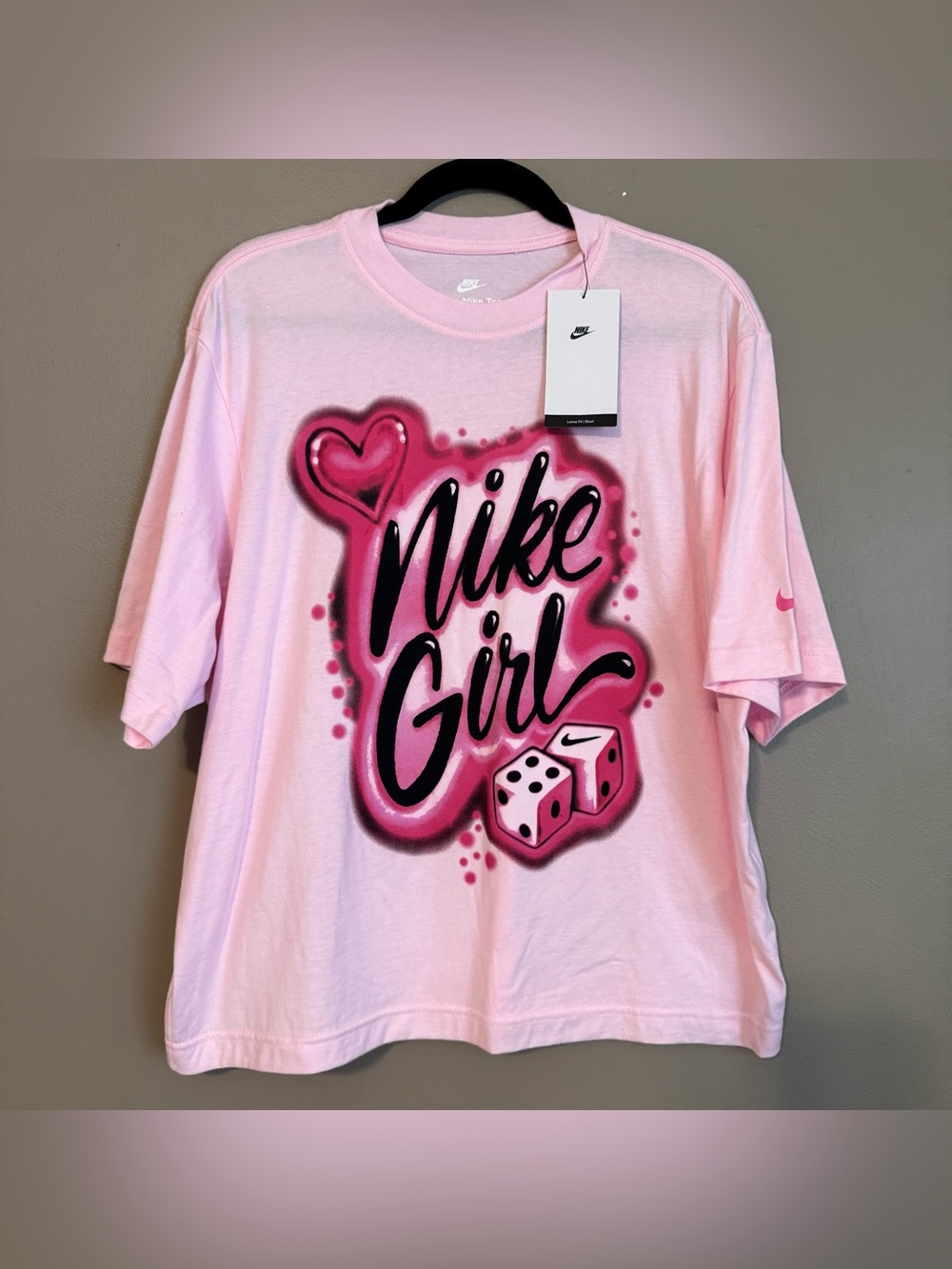 Nike Essentials Pink Airbrushed “Nike Girl” Graphic Boxy Fit Tshirt Medium NWT